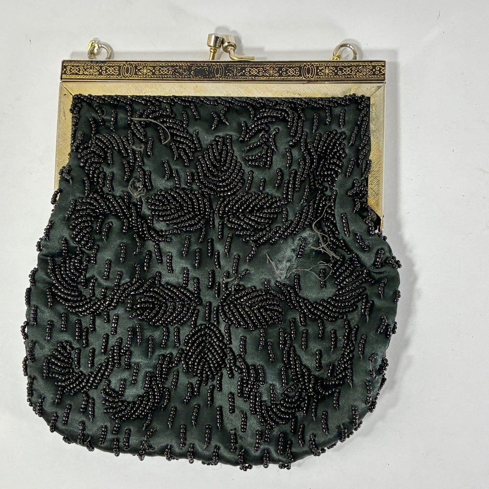 Vintage Hand Beaded Black Floral Evening Bag Hong Kong Kiss Lock Clutch Purse